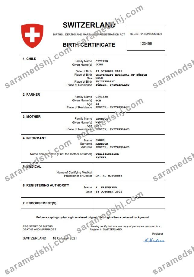 Switzerland vital record birth certificate Word and PDF template